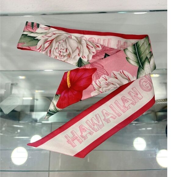 Gucci Floral Hawaiian print silk neck bow twilly Scarf pink - Picture 6 of 9